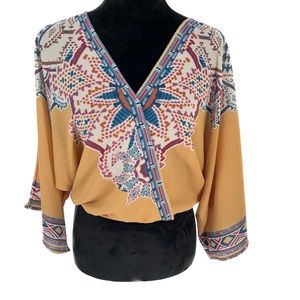 Flying Tomato Gold/Teal Aztec Print Faux Wrap Boho Blouse Size Small